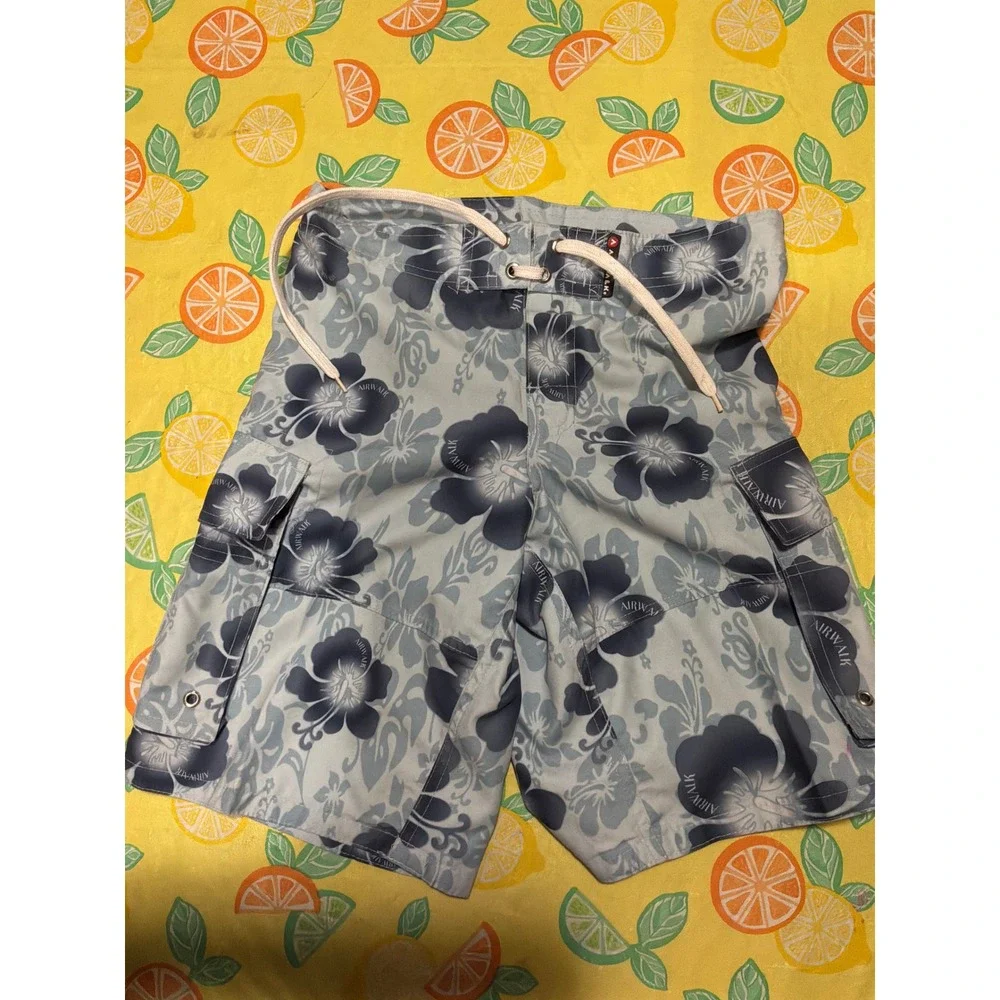 Y2K Boys Airwalk Hibiscus Floral Cargo‎ Board Shorts 8 Blue